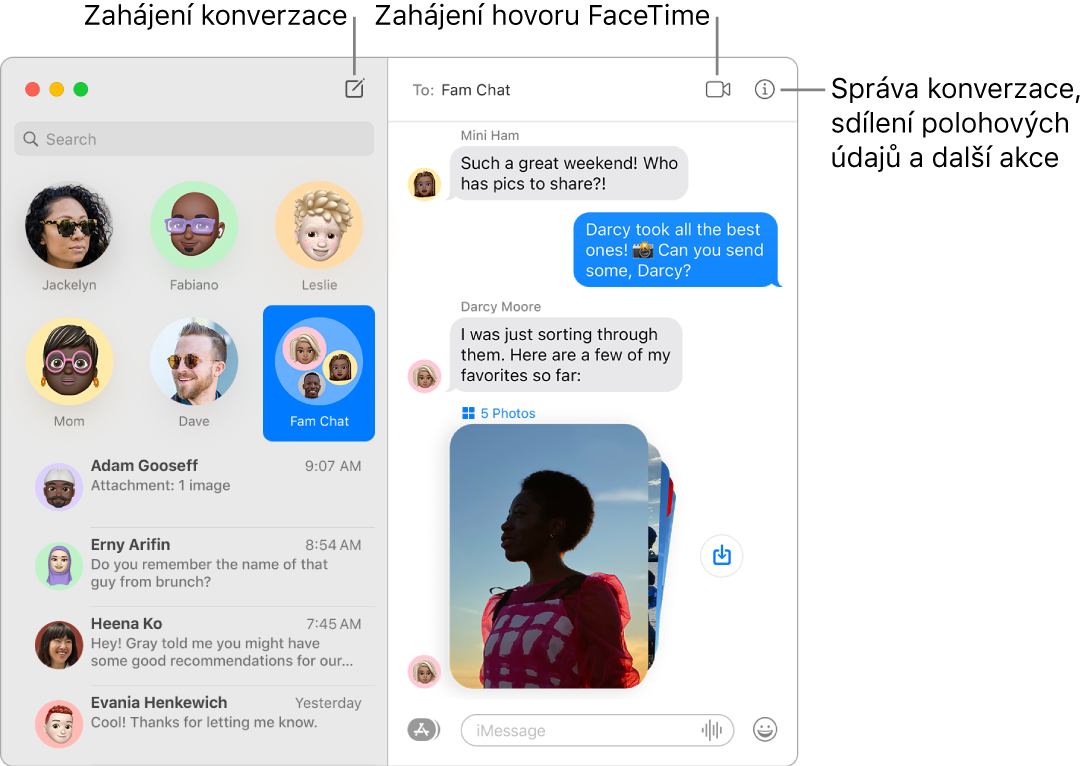 Okno Zprávy s informacemi o tom, jak zahájit konverzaci nebo hovor FaceTime