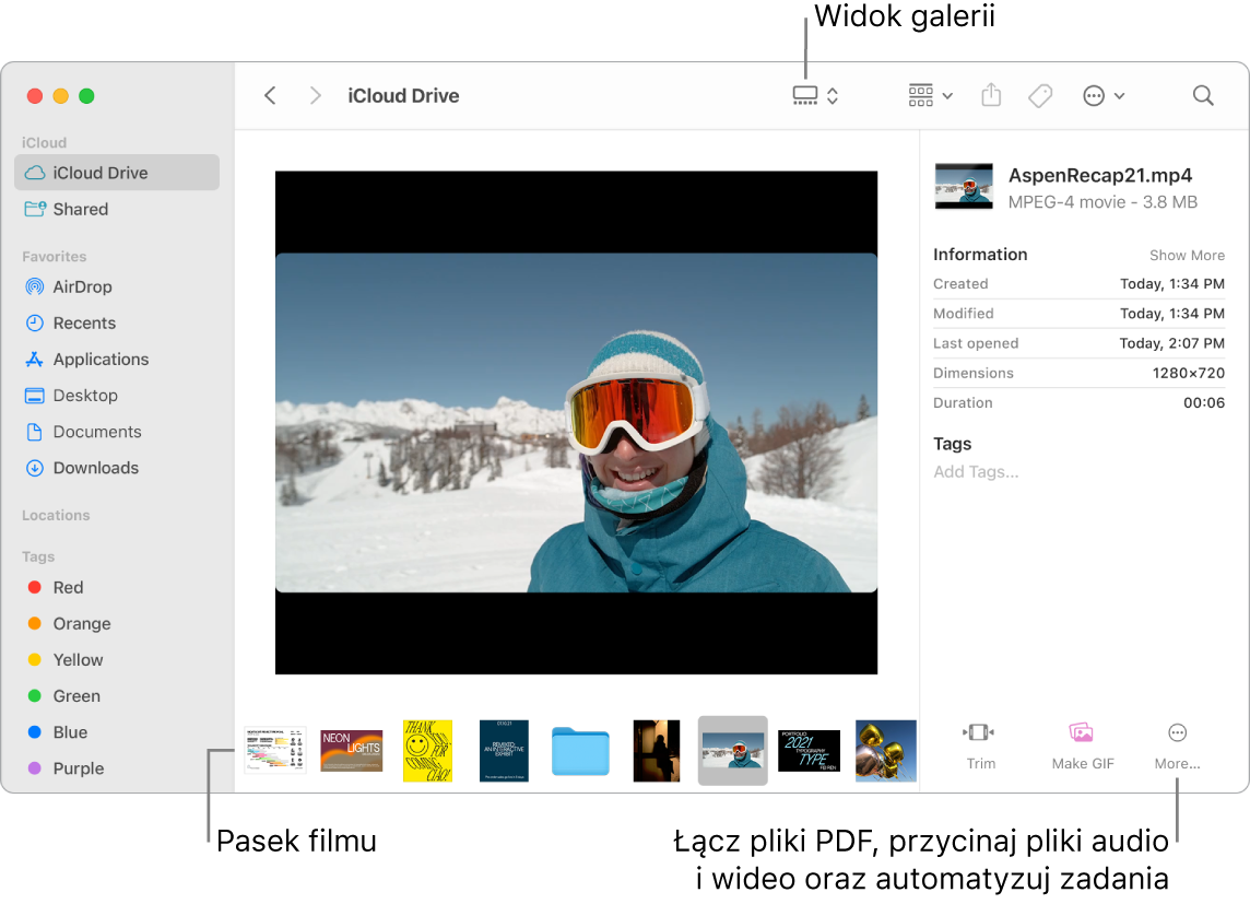Okno Findera z widokiem galerii, zawierające duże zdjęcie, pod którym widoczny jest szereg mniejszych zdjęć, czyli pasek przeglądania. Po prawej stronie tego paska są narzędzia pozwalające na obracanie, oznaczanie oraz wykonywanie innych czynności.