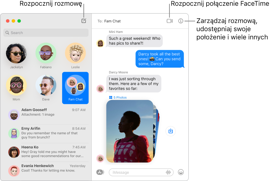 Okno aplikacji Wiadomości z opisami przycisków rozpoczynania rozmowy oraz połączenia FaceTime.