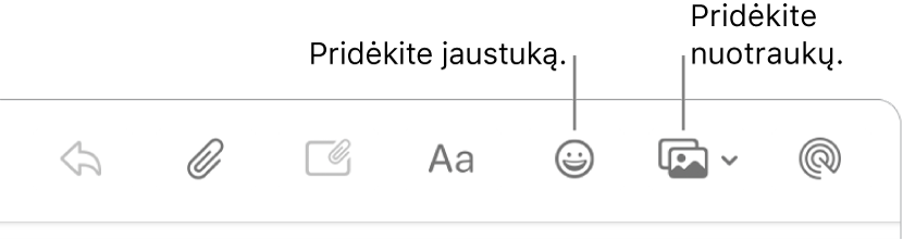 El. laiško kūrimo lange rodomi jaustukų ir nuotraukų mygtukai.