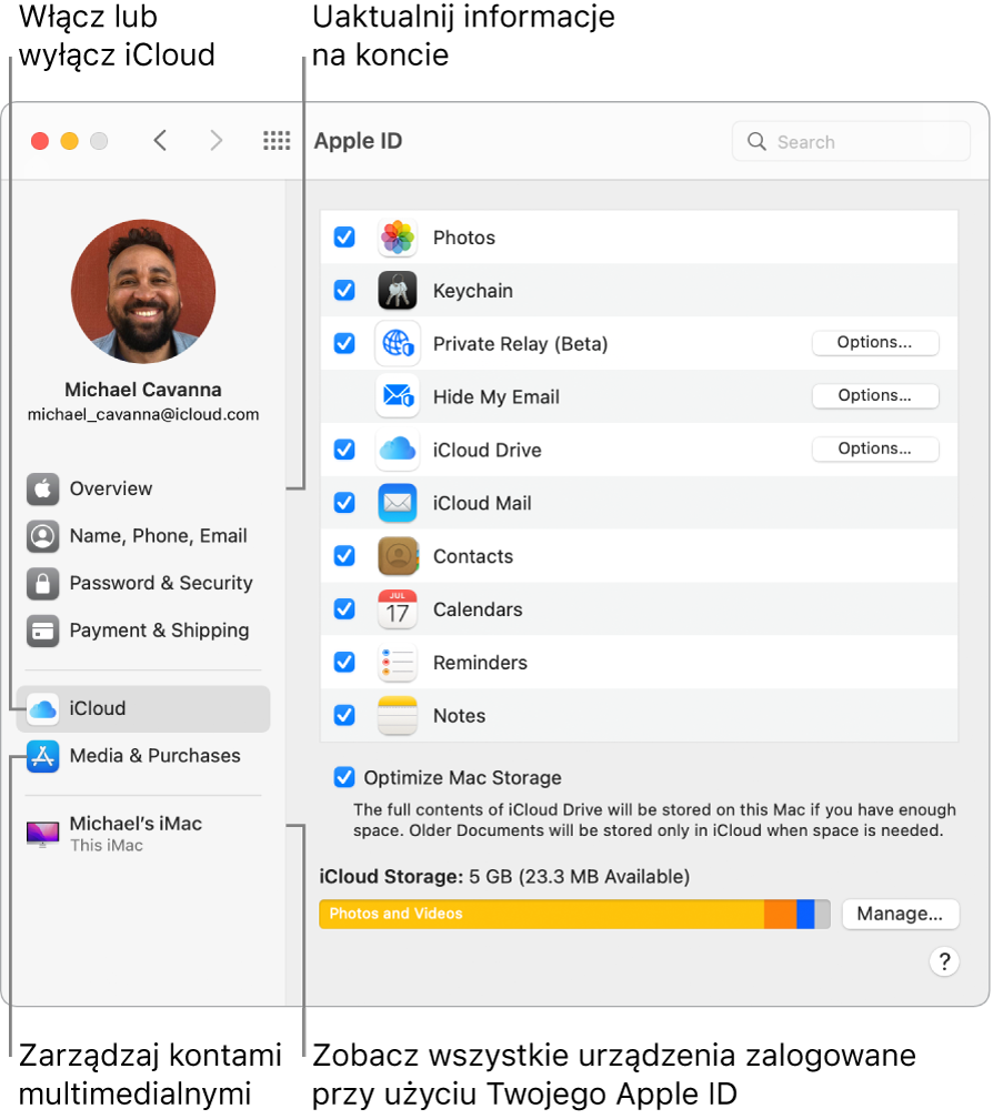 Panel Apple ID w Preferencjach systemowych. Kliknij w pozycję na pasku bocznym, aby uaktualnić dane swojego konta, włączyć lub wyłączyć iCloud, zarządzać kontami do multimediów oraz wyświetlać wszystkie urządzenia zalogowane przy użyciu tego samego Apple ID.