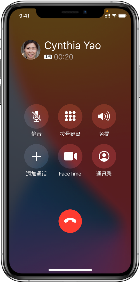 电话屏幕显示通话过程中可以使用的选项按钮。顶部行中,从左到右依次为静音、拨号键盘和免提按钮。底部行中,从左到右依次为添加通话、FaceTime 通话和通讯录按钮。