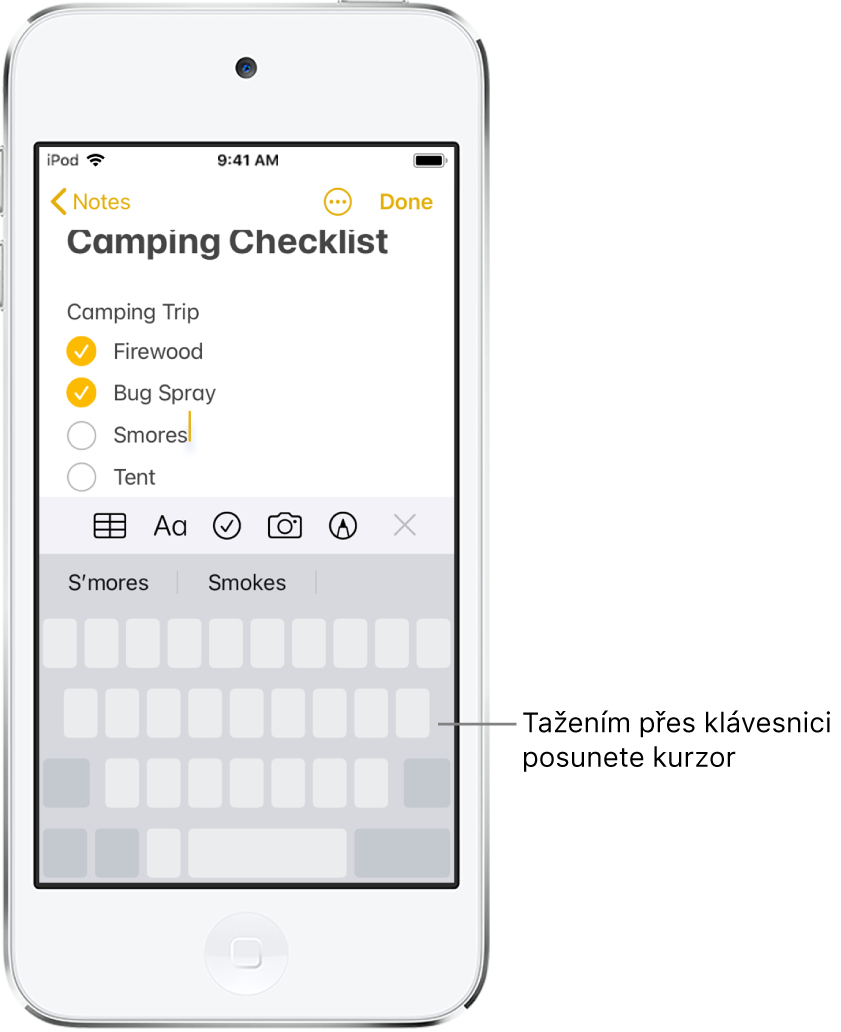 Úprava poznámky po přepnutí klávesnice na trackpad. Klávesnice je zobrazena ztlumeně, což znamená, že nyní slouží jako trackpad