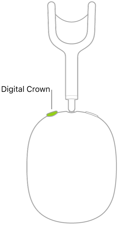 En illustration, der viser placeringen af Digital Crown på den højre AirPods Max-hovedtelefon.