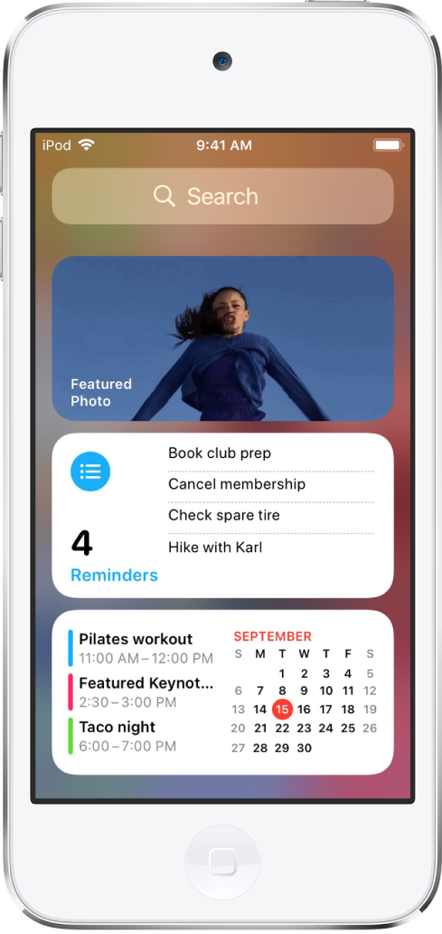 Τα widget της προβολής «Σήμερα» στο iPod touch, συμπεριλαμβανομένων των widget «Φωτογραφίες», «Υπομνήσεις» και «Ημερολόγιο».