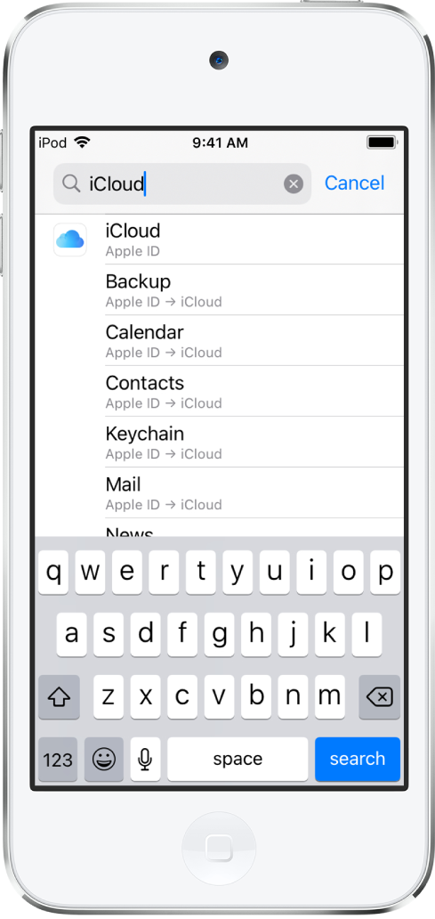 L’écran des réglages de recherche, avec le champ de recherche en haut. Le terme de recherche « iCloud » apparaît dans le champ de recherche, et les réglages trouvés s’affichent dans la liste située dessous.