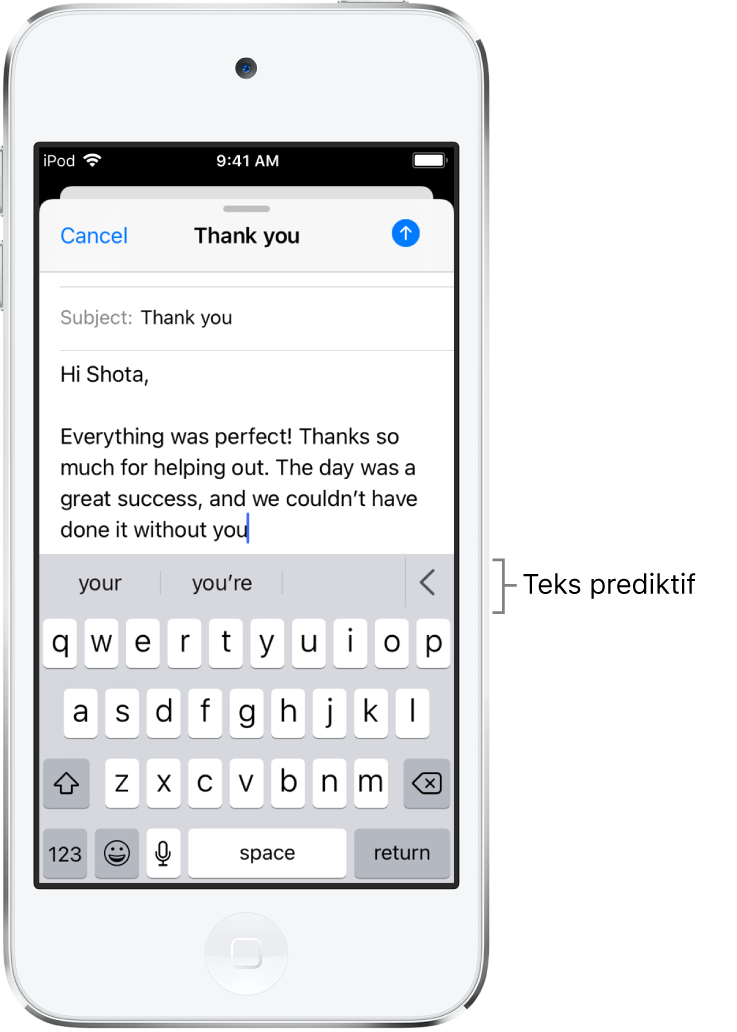 Pesan Mail menampilkan email yang sedang diedit, dengan saran untuk menyelesaikan kata berikutnya.
