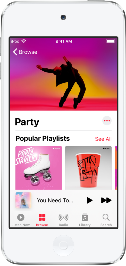 La schermata Esplora di Apple Music che mostra le playlist per le feste.