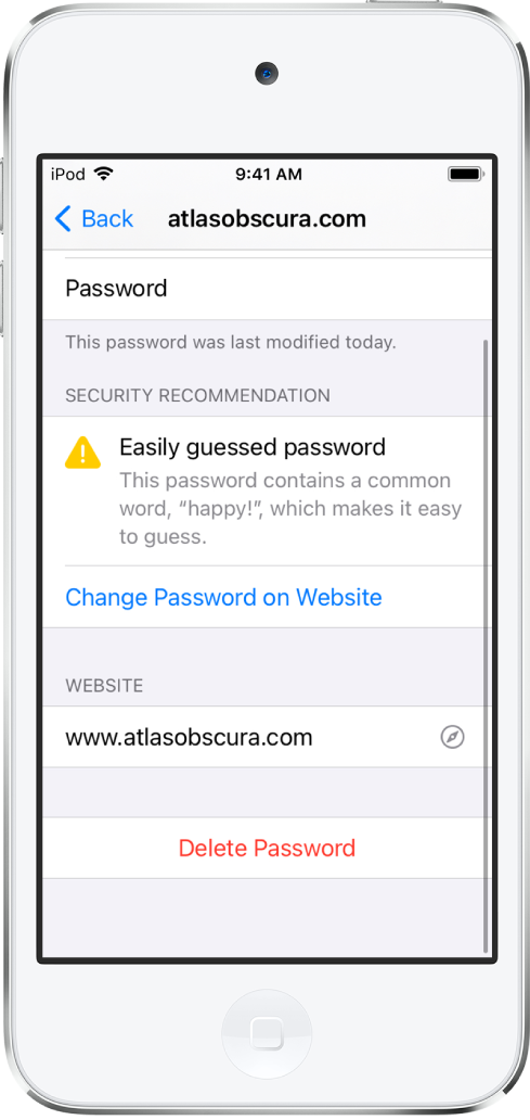 La schermata di un account nelle impostazioni Password. Un suggerimento di sicurezza indica “Password facile da indovinare. Questa password contiene una parola molto diffusa (felice), quindi è facile da indovinare”. Sotto il suggerimento di sicurezza è visibile il pulsante “Modifica la password sul sito web”.