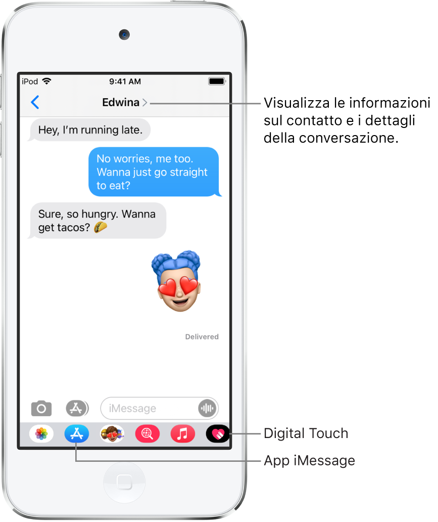 Una conversazione di Messaggi. Nella parte superiore, da sinistra verso destra, si trovano il pulsante Indietro il nome della persona a cui stai scrivendo. Al centro si trovano i messaggi inviati e ricevuti durante una conversazione. Lungo la parte inferiore dello schermo, sono presenti, da sinistra a destra, i pulsanti per Foto, Store, Apple Pay, Animoji, #immagini, Musica e Digital Touch.