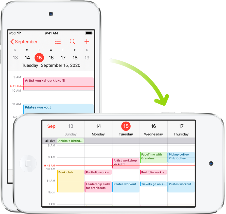 Em segundo plano, o iPod touch apresenta um ecrã da aplicação Calendário, que mostra eventos de um dia na orientação vertical; em primeiro plano, o iPod touch é rodado para a orientação horizontal, que mostra os eventos do Calendário para toda a semana que inclui o mesmo dia.