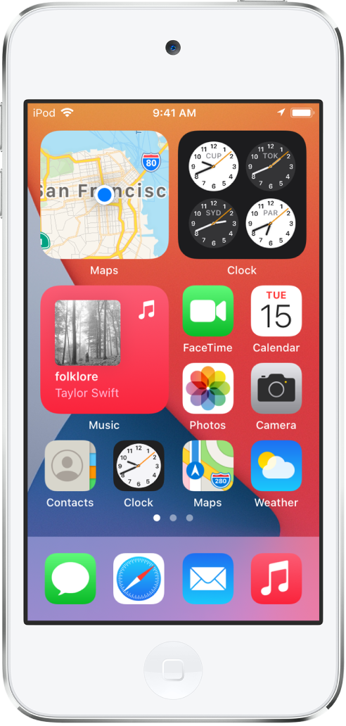 iPod touch-hemskärmen. På den övre halvan av skärmen finns widgetarna Kartor, Klocka och Musik. Till höger om widgeten Musik och på den nedre halvan av skärmen finns appar.
