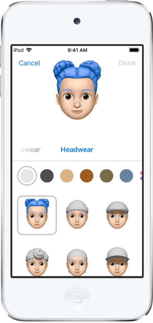 製作 Memoji 的畫面,最上方顯示製作中的角色,角色下方為可自訂的特徵,再下來是所選特徵的選項。「完成」按鈕位於右上方,「取消」按鈕位於左上方。