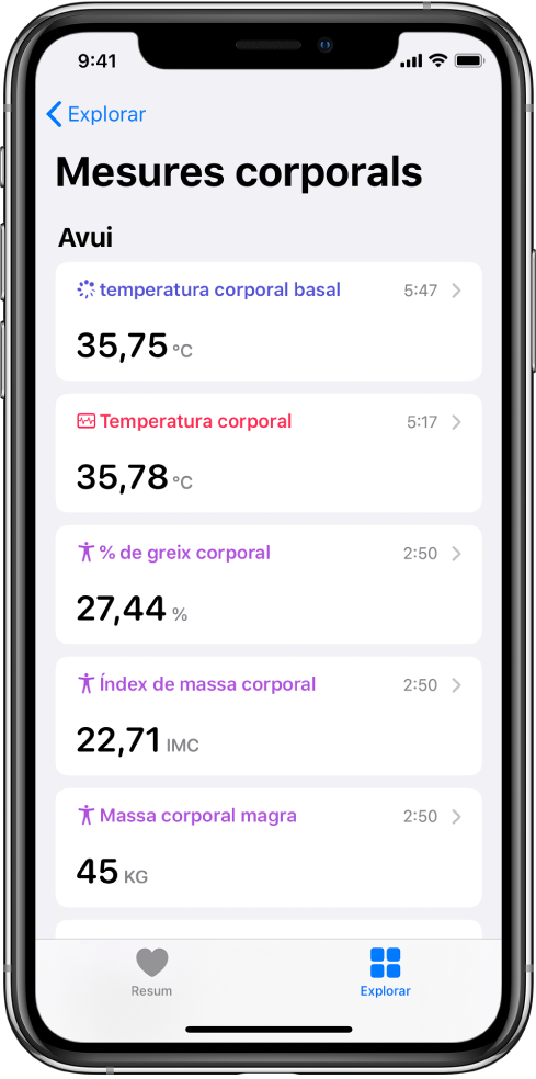Pantalla de detalls de la categoria “Mesures corporals”.