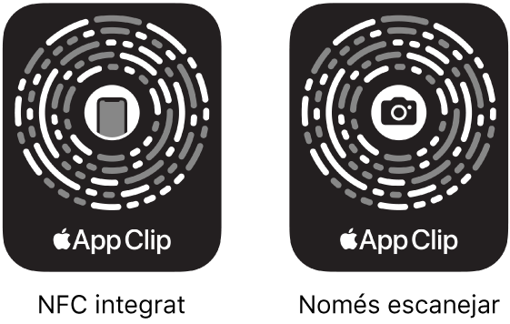 A l’esquerra hi ha un codi de clip d’app integrat en una etiqueta NFC amb la icona de l’iPhone al centre. A la dreta hi ha un codi d’app clip que només es pot escanejar, amb la icona d’una càmera al centre.