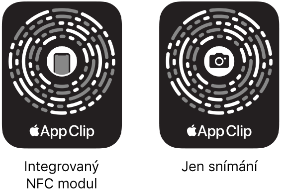 Vlevo kód klipu aplikace s integrovaným NFC tagem, který je uprostřed označený ikonou iPhonu. Vpravo kód klipu aplikace určený jen k optickému snímání, který je uprostřed označený ikonou fotoaparátu.