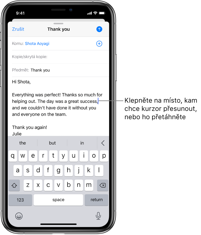 Koncept e-mailu s kurzorem na místě pro vložení textu