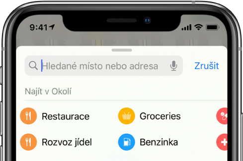 Pod vyhledávacím polem se zobrazují čtyři kategorie služeb dostupných v okolí: Restaurace, Potraviny, Rozvoz jídel a Čerpací stanice.