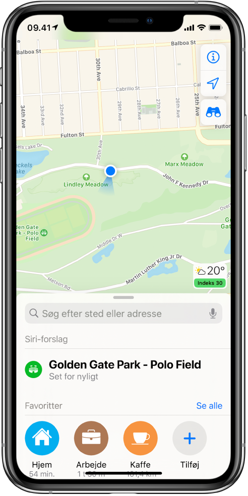 Et kort over en park og tre favoritter vist nederst på skærmen. Favoritterne er Hjem, Arbejde og Kaffe.