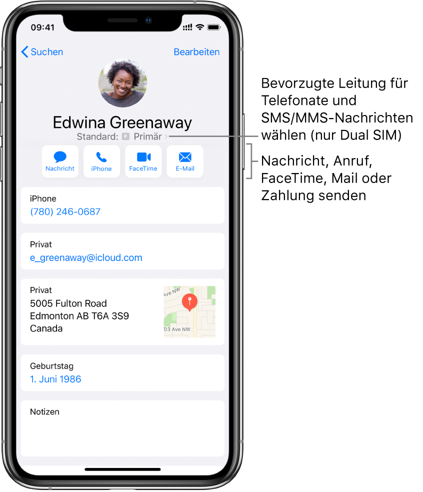 Der Informationsbildschirm für einen Kontakt. Oben werden das Foto und der Name des Kontakts angezeigt. Darunter befinden sich die Tasten zum Senden einer Nachricht, zum Tätigen eines Telefon- oder FaceTime-Anrufs sowie zum Senden einer E-Mail-Nachricht und von Geldbeträgen mit Apple Pay. Unter den Tasten sind die Informationen des Kontakts zu sehen.
