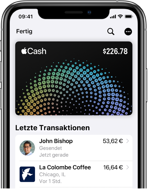 Die Apple Cash-Karte in der App „Wallet“ mit der Taste „Mehr“ oben rechts und den neuesten Transaktionen unter der Karte.