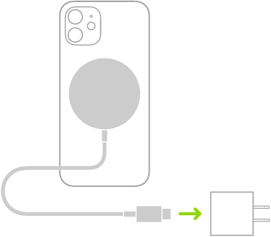 Eine Abbildung, die ein MagSafe-Ladegerät zeigt, dessen eines Ende an der Rückseite des iPhone angedockt ist und dessen anderes Ende mit einem Netzteil verbunden ist.