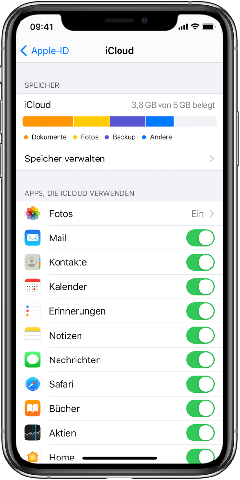 Bildschirm mit den iCloud-Einstellungen mit der Nutzungsanzeige für den iCloud-Speicher und einer Liste von Apps und Diensten wie „Mail“, „Kontakte“ und „Nachrichten“, die mit iCloud verwendet werden können.