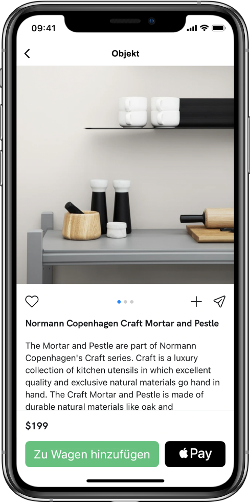 Ein Bildschirm einer App für einen Bezahlvorgang mit der Taste „Mit Apple Pay kaufen“.