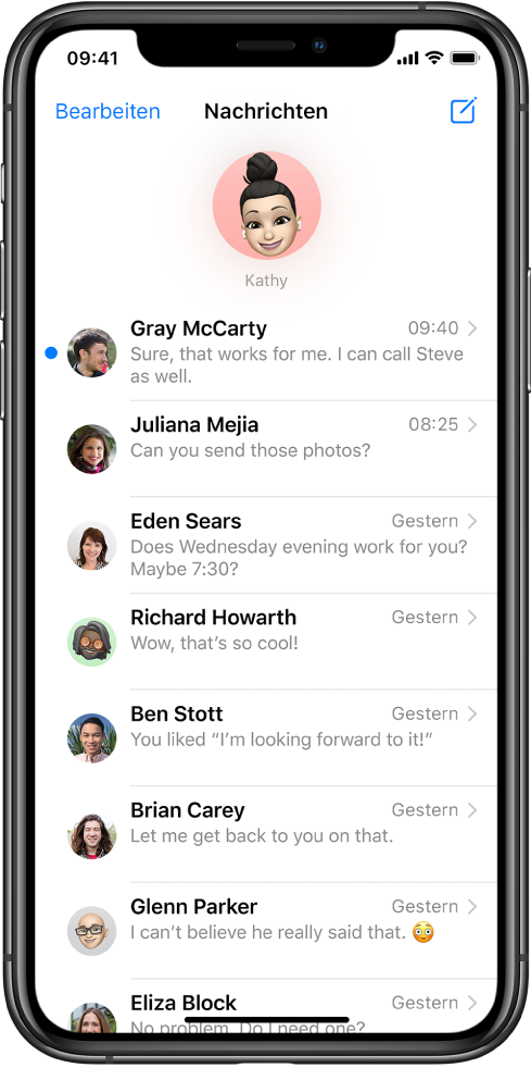 Die Liste mit den Konversationen in der App „Nachrichten“. Oben wird das Bild eines Kontakts in einem Kreis angezeigt, was bedeutet, dass diese Konversation angepinnt wurde. Darunter befindet sich die Liste mit den Konversationen.