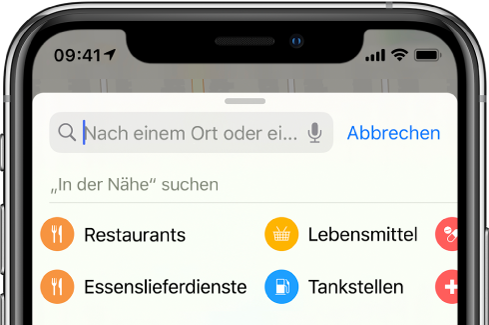 Unter dem Suchfeld wird eine Liste mit vier Kategorien von Dienstleistungen in der Nähe angezeigt. Die Kategorien sind beispielsweise „Restaurants“, „Lebensmittel“, „Essenslieferdienste“ und „Tankstellen“.