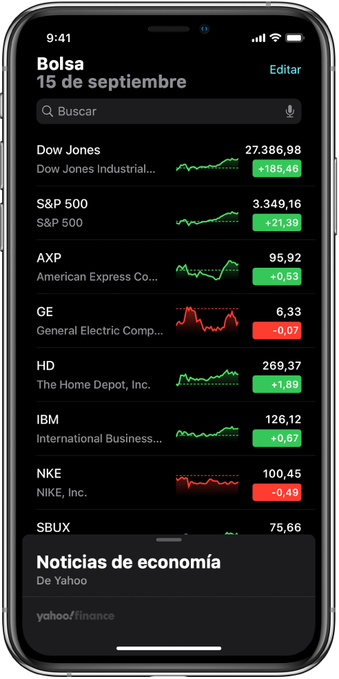 Lista de favoritos con diferentes valores. Para cada valor de la lista se muestra, de izquierda a derecha, el símbolo y el nombre del valor, una gráfica de su evolución, el precio del valor y el cambio del precio. En la parte superior de la pantalla, sobre la lista de favoritos, se encuentra el campo de búsqueda. Debajo de la lista se muestra “Noticias de economía”. Desliza “Noticias de economía” hacia arriba para ver artículos.