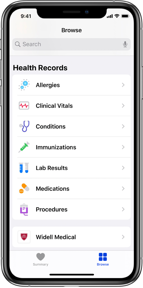 Rakenduse Health kuva Health Records. Ekraanil kuvatakse kategooriad, mille hulgas on Allergies, Clinical Vitals ja Conditions. Kategooriate all on nupp Widell Medical. Ekraani allservas on valitud nupp Browse.