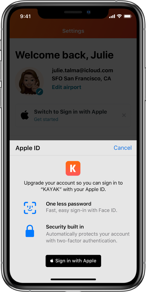 Rakendus, kus kuvatakse nuppu Sign in with Apple.