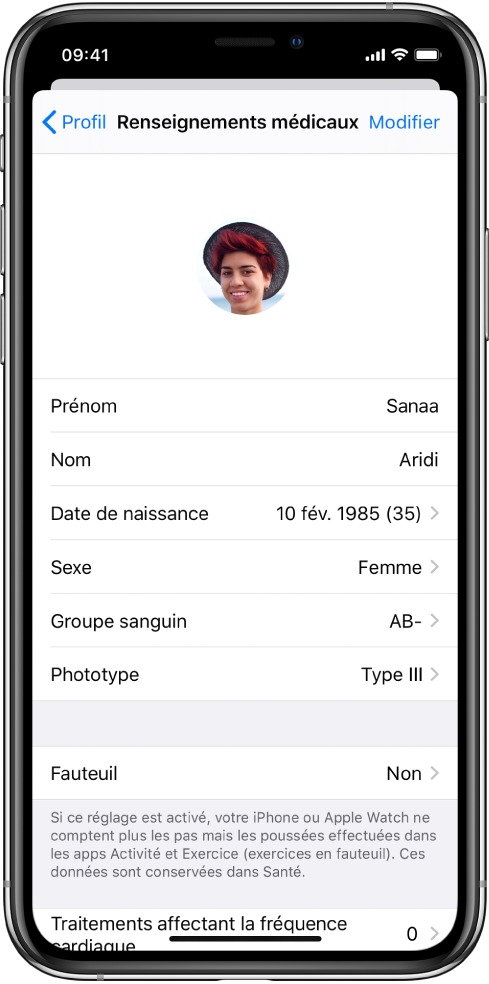 Écran « Renseignements médicaux » pour une femme de 35 ans.