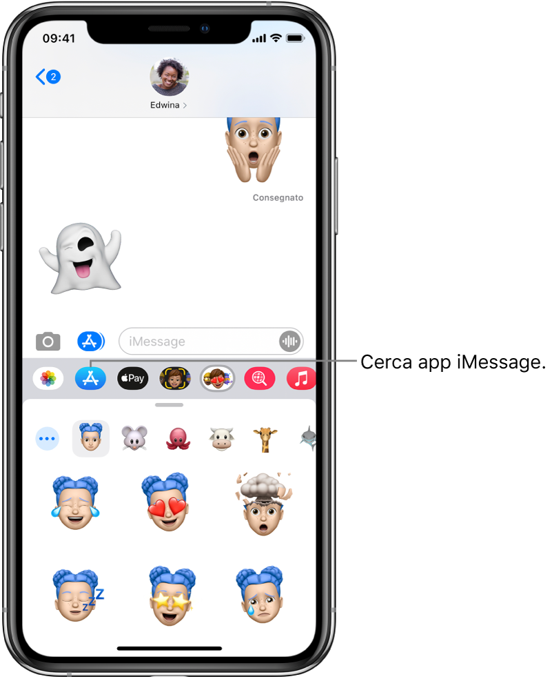 Una conversazione di Messaggi con il pulsante “Browser app di iMessage” selezionato. Il cassetto delle app è aperto e mostra gli adesivi di emoticon.