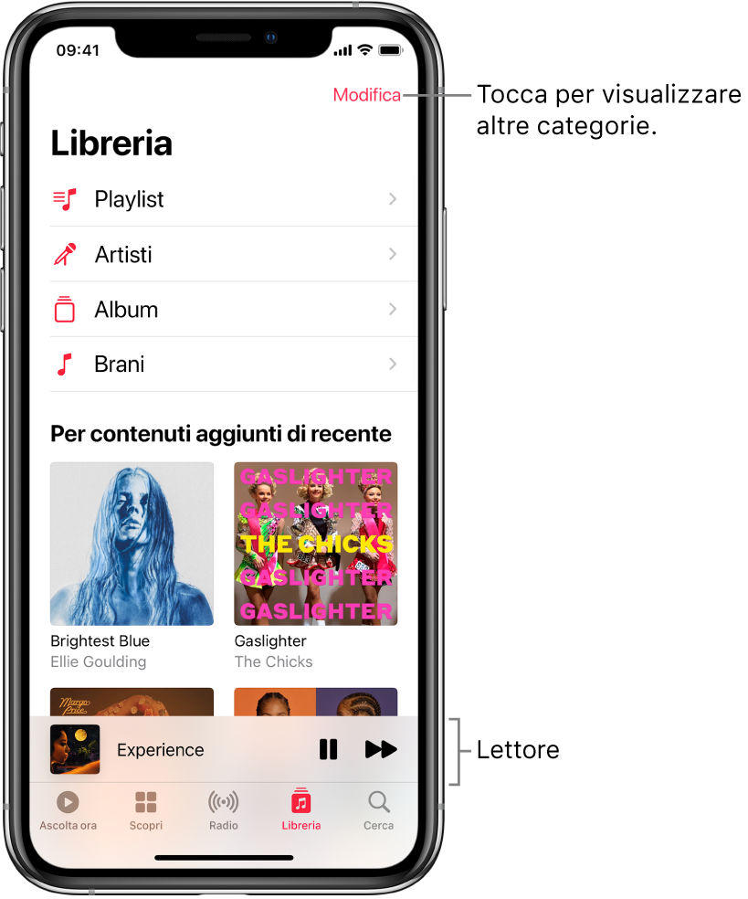 La schermata Libreria che mostra un elenco di categorie tra cui Playlist, Artisti, Album e Brani. Sotto l'elenco compare il titolo “Aggiunti di recente”. Il lettore che mostra il titolo del brano attuale e i pulsanti Pausa e Avanti vengono visualizzati in basso.