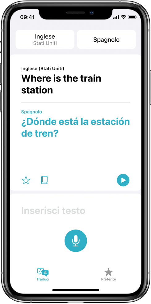 Il pannello Traduci che mostra in alto due selettori per la lingua (inglese e spagnolo), una traduzione al centro e il campo “Inserisci testo” vicino alla parte inferiore.