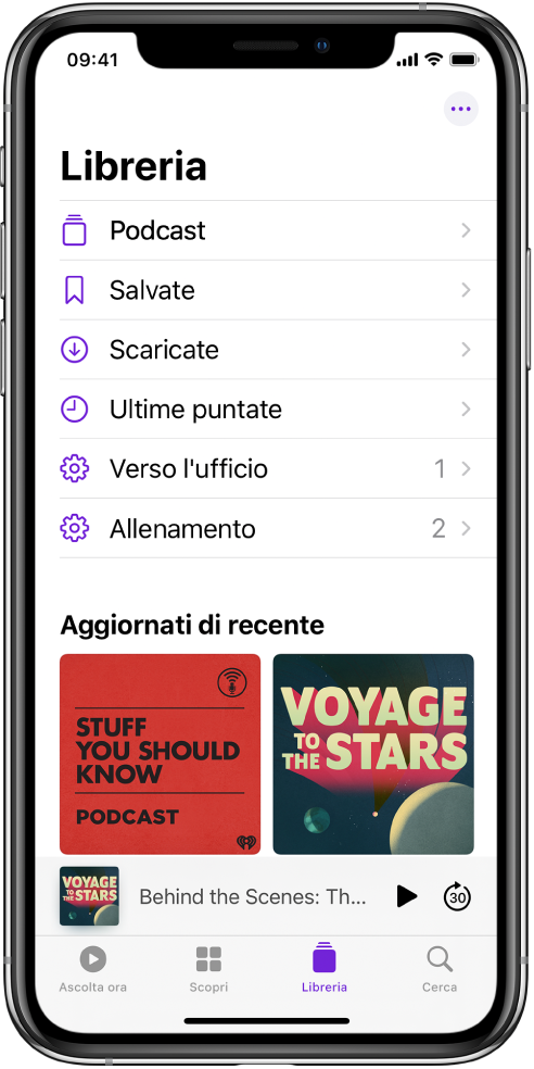 Il pannello Libreria che mostra i podcast seguiti di recente.