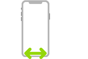 iPhone 그림. 양방향 화살표는 화면 하단 가장자리에서 왼쪽 또는 오른쪽으로 쓸어넘기기를 나타냄.
