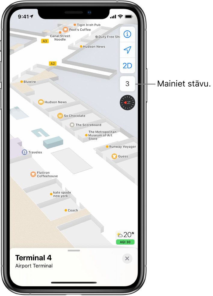 Lidostas termināļa iekštelpu karte. Kartē ir parādīti uzņēmumi un iekāpšanas vārti.