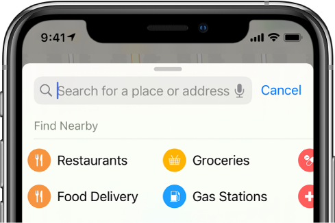 Zem meklēšanas lauka atrodas kategorijas ar četriem pakalpojumu veidiem. Kategorijas ir Restaurants, Groceries, Food Delivery un Gas Stations.