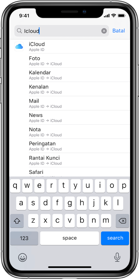 Skrin seting carian dengan medan carian di bahagian atas. Istilah carian “iCloud” berada dalam medan carian dan seting yang ditemui berada dalam senarai di bawah.