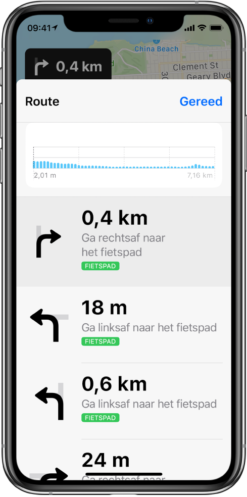 Een fietsroute als lijst weergegeven.