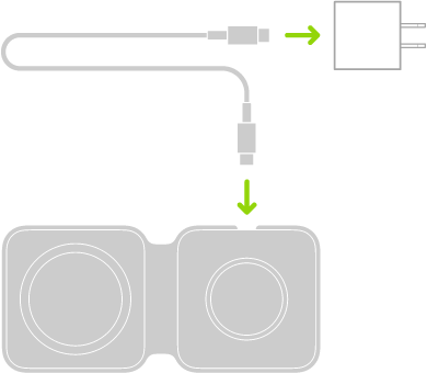 Een afbeelding waarin te zien is dat het ene uiteinde van een kabel op een lichtnetadapter is aangesloten en het andere uiteinde op een MagSafe Duo-oplader is aangesloten.