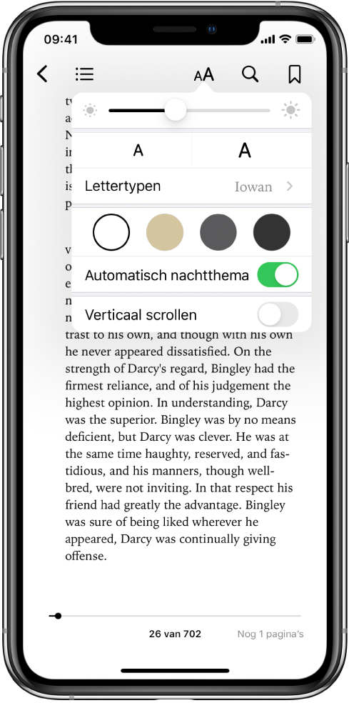 Het weergavemenu met, van boven naar beneden, knoppen voor helderheid, lettergrootte, lettertype, paginakleur, automatisch nachtthema en schuifweergave.