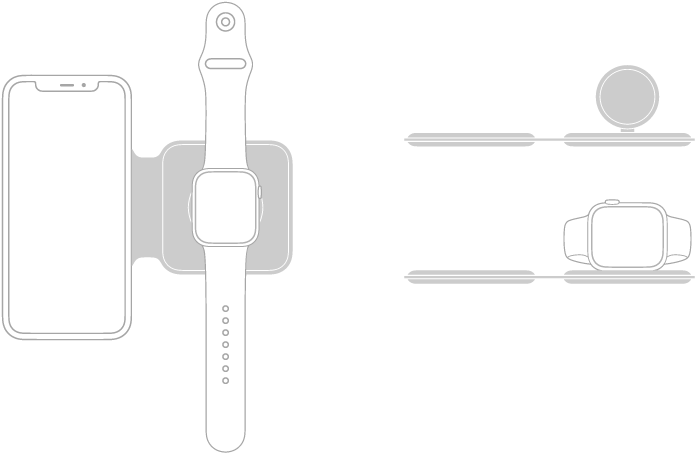 In een afbeelding aan de linkerkant zijn een iPhone en Apple Watch te zien die plat op de oplaadoppervlakken van een MagSafe Duo-oplader liggen. In een afbeelding rechtsbovenin is het rechtopstaande Apple Watch-oplaadoppervlak te zien. In een afbeelding daaronder is een Apple Watch te zien die tegen het rechtopstaande oplaadoppervlak ligt.