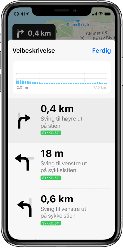 En liste med svingveibeskrivelser for en sykkelrute.