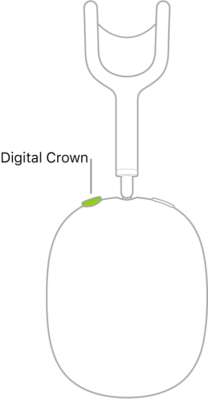 En illustrasjon som viser plasseringen av Digital Crown på høyre hodetelefon på AirPods Max.