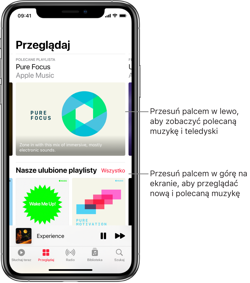Ekran Przeglądaj. U góry ekranu widoczna jest polecana muzyka. Możesz przesunąć palcem w lewo, aby zobaczyć więcej polecanej muzyki i teledysków. Poniżej widoczna jest sekcja Radio Apple Music, zawierająca dwie stacje Apple Music. Po prawej stronie etykiety Musisz to usłyszeć widoczny jest przycisk Wszystkie. Możesz przesunąć palcem w górę na ekranie, aby przeglądać nową i polecaną muzykę.