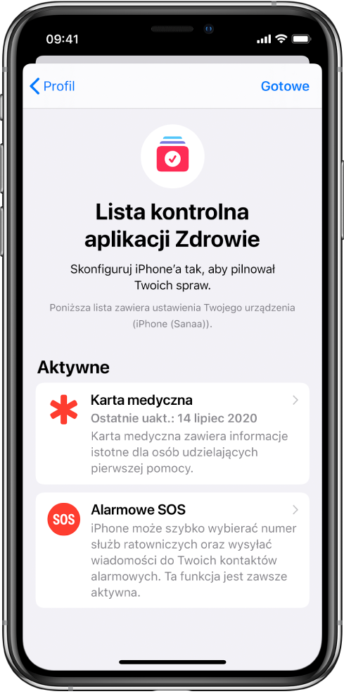 Ekran listy kontrolnej aplikacji Zdrowie, wyświetlający informację, że karta medyczna oraz funkcja Alarmowe SOS są aktywne.